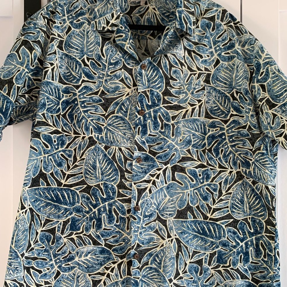 Aloha Republic Hawaiian Shirt 🌴 Blue Tropical Leaf Button Front Large